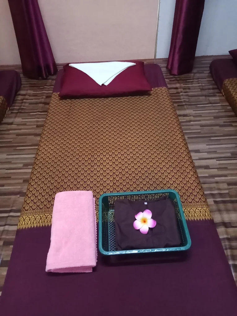 Detailed view of massage station with traditional decor